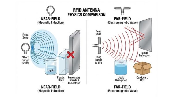 So sánh cơ chế hoạt động của anten RFID near-field và far-field.