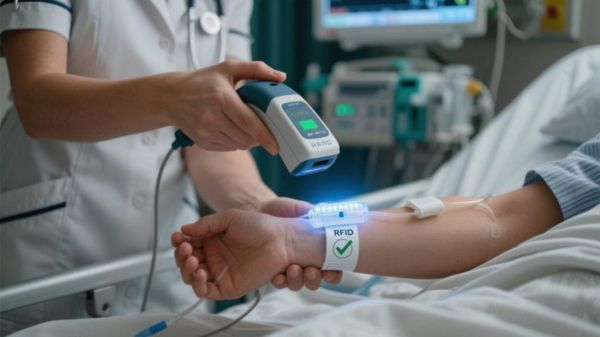 Thẻ RFID dạng vòng đeo tay được sử dụng để nhận diện và theo dõi bệnh nhân.