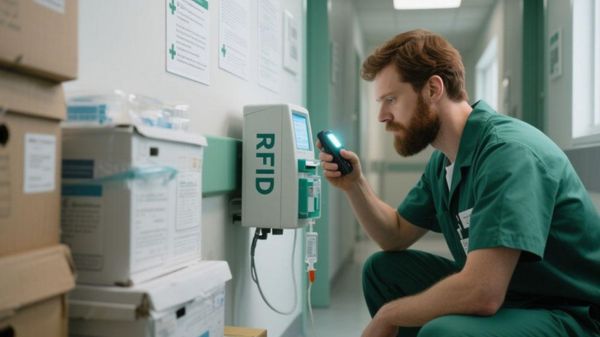 Hệ thống RFID theo dõi thiết bị y tế di động khi di chuyển giữa các khu vực trong bệnh viện.